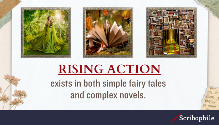 Rising action exists in both simple fairy tales and complex novels.