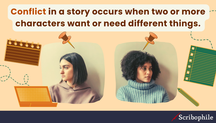 Conflict in a story occurs when two or more characters want or need different things.
