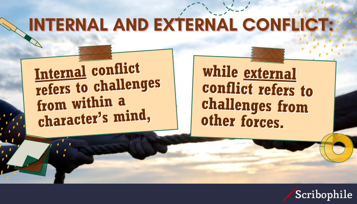 Internal and external conflict: Internal conflict refers to challenges from within a character’s mind, while external conflict refers to challenges from other forces.