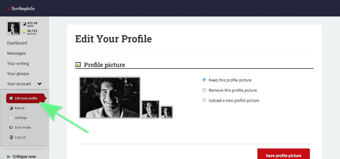 The Edit Profile navigation item.